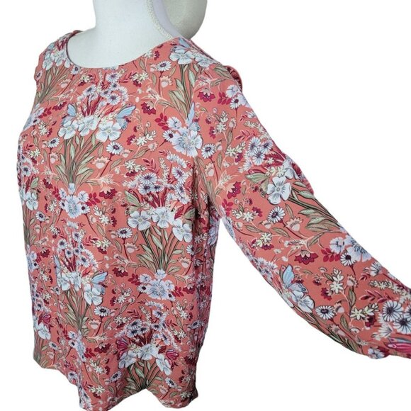 Lauren Conrad Floral Pink Sheer Long Sleeve Blouse Womens Large Ruffle Arm - Picture 2 of 12